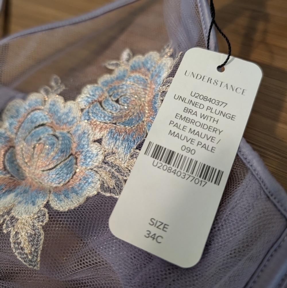 NWT Understance Plunge Unlined Bra Thong Set 34C Medium Mauve Floral Embroidered - Picture 4 of 7